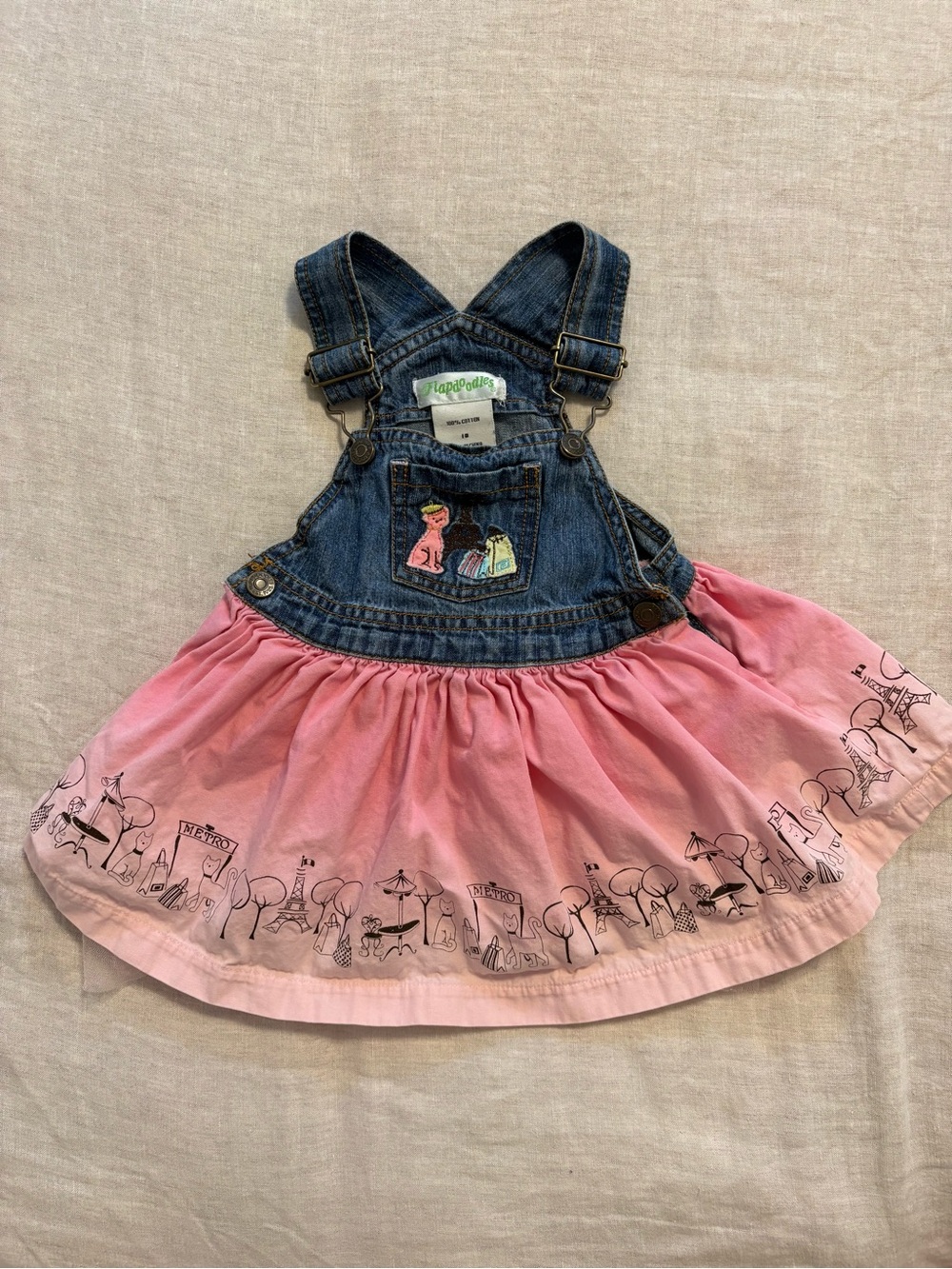 Y2K Flapdoodles 18M Denim Overall Dress Pink Parisian Cat Eiffel Tower